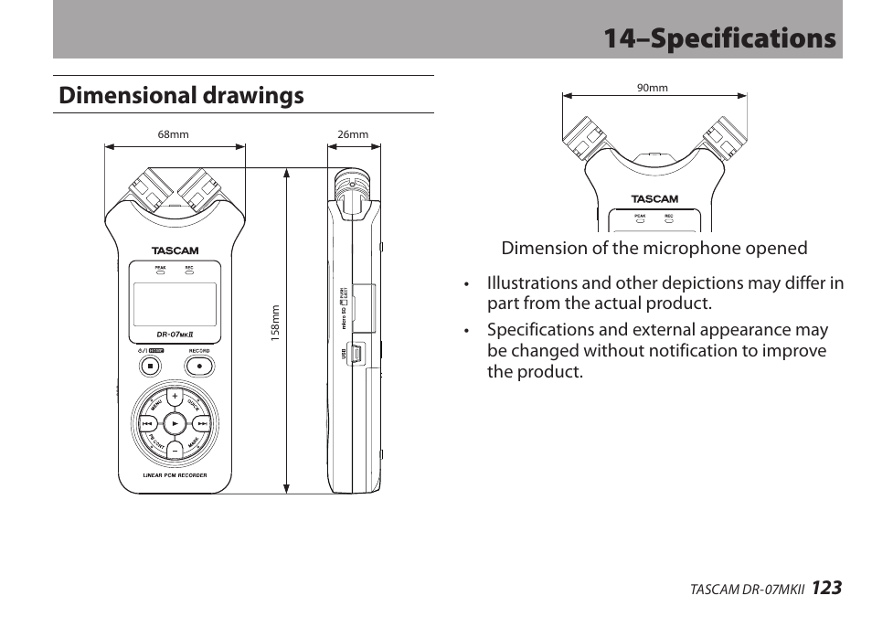 Dimensional drawings, 14–specifications | Teac DR-07MKII User Manual | Page 123 / 124