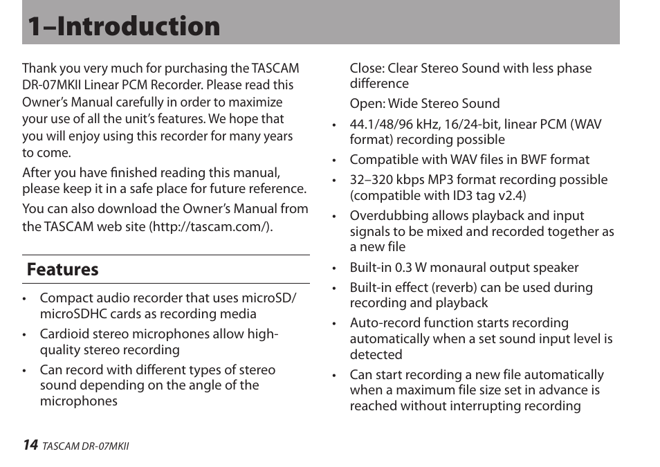 1–introduction, Features | Teac DR-07MKII User Manual | Page 14 / 124