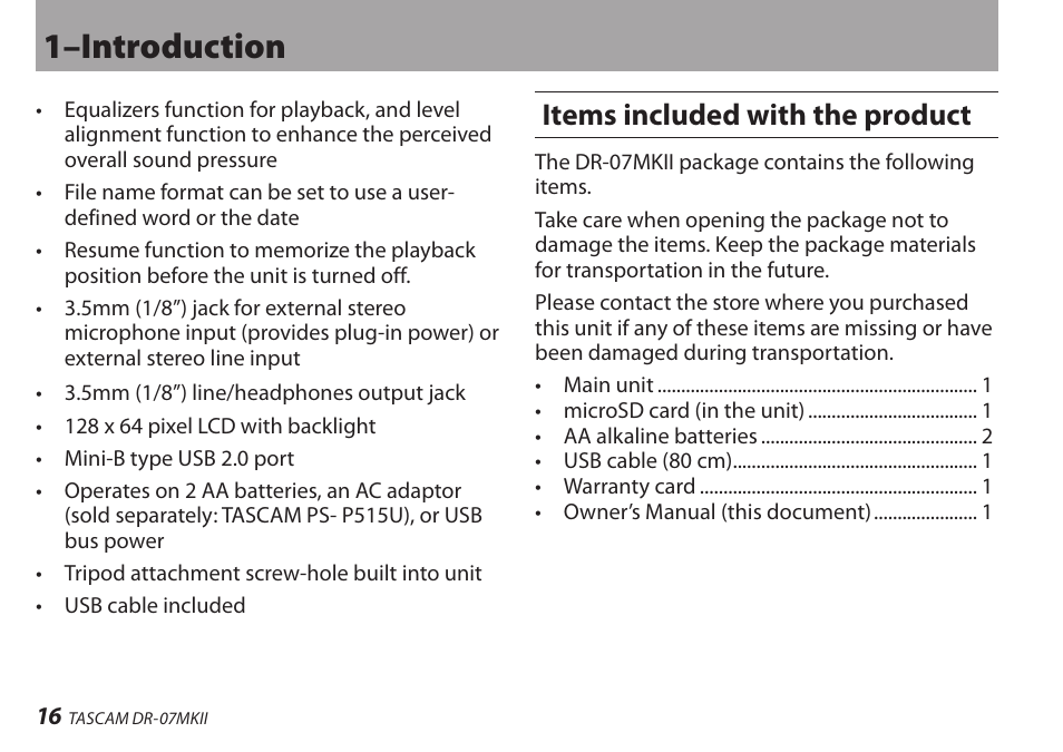 Items included with the product, 1–introduction | Teac DR-07MKII User Manual | Page 16 / 124