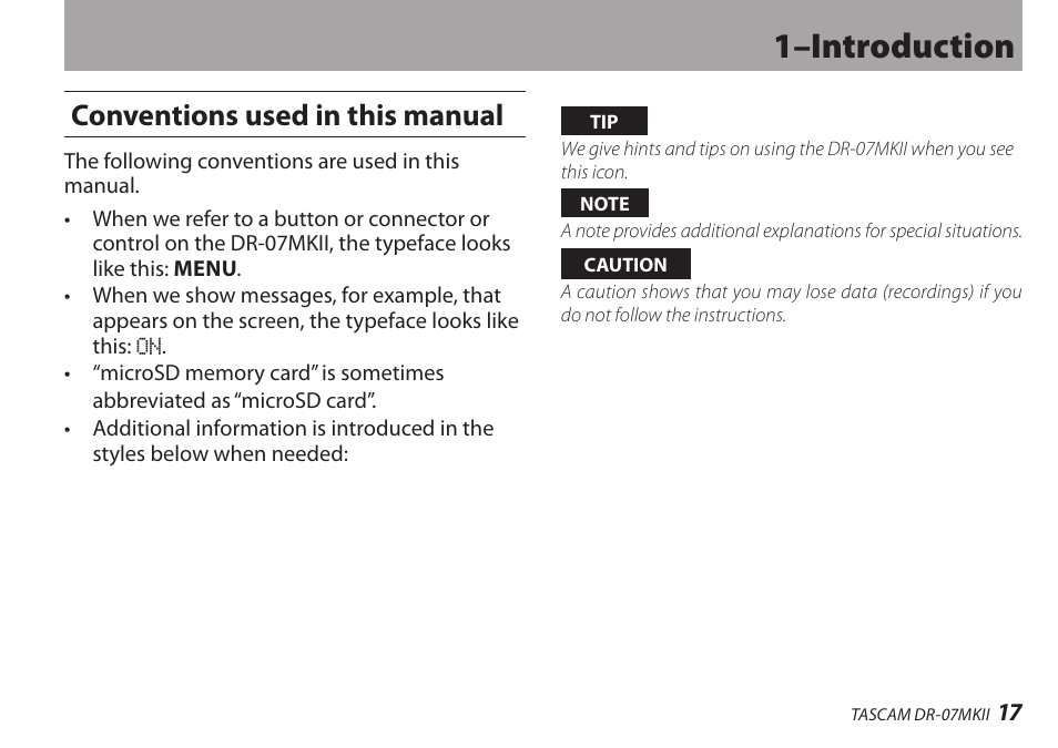 Conventions used in this manual, 1–introduction | Teac DR-07MKII User Manual | Page 17 / 124