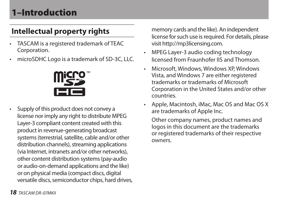 Intellectual property rights, 1–introduction | Teac DR-07MKII User Manual | Page 18 / 124