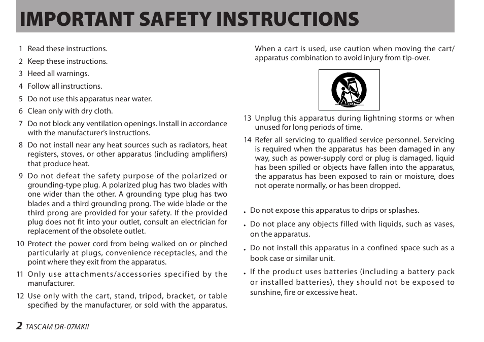 Important safety instructions | Teac DR-07MKII User Manual | Page 2 / 124