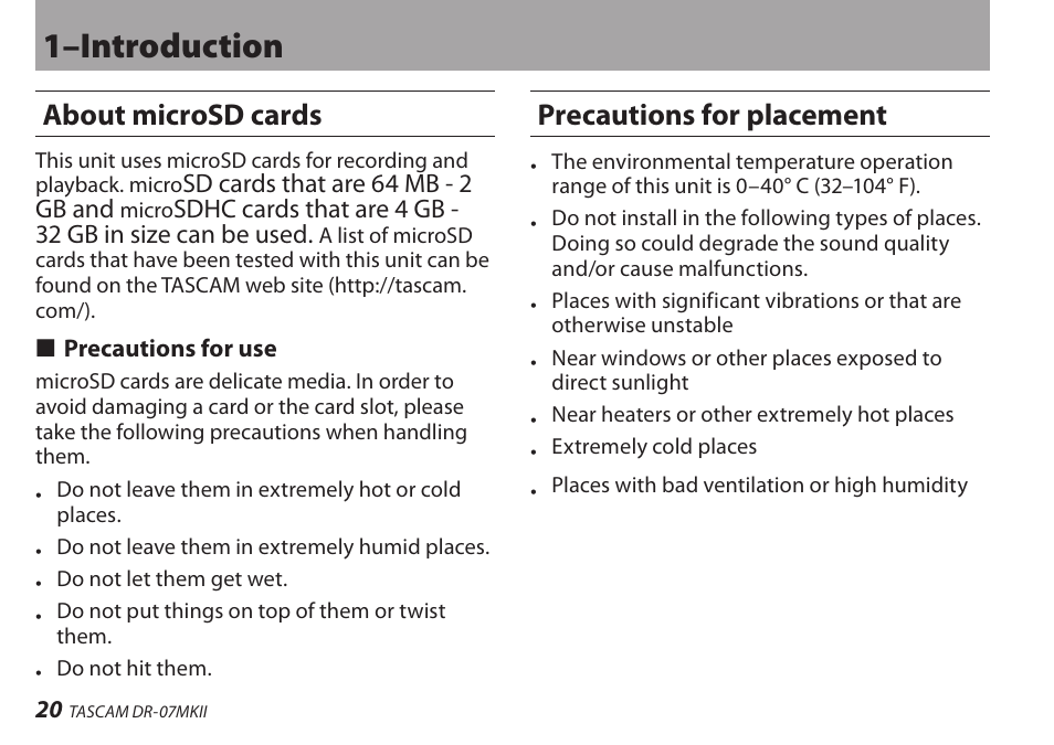 About microsd cards, Precautions for placement, 1–introduction | Teac DR-07MKII User Manual | Page 20 / 124