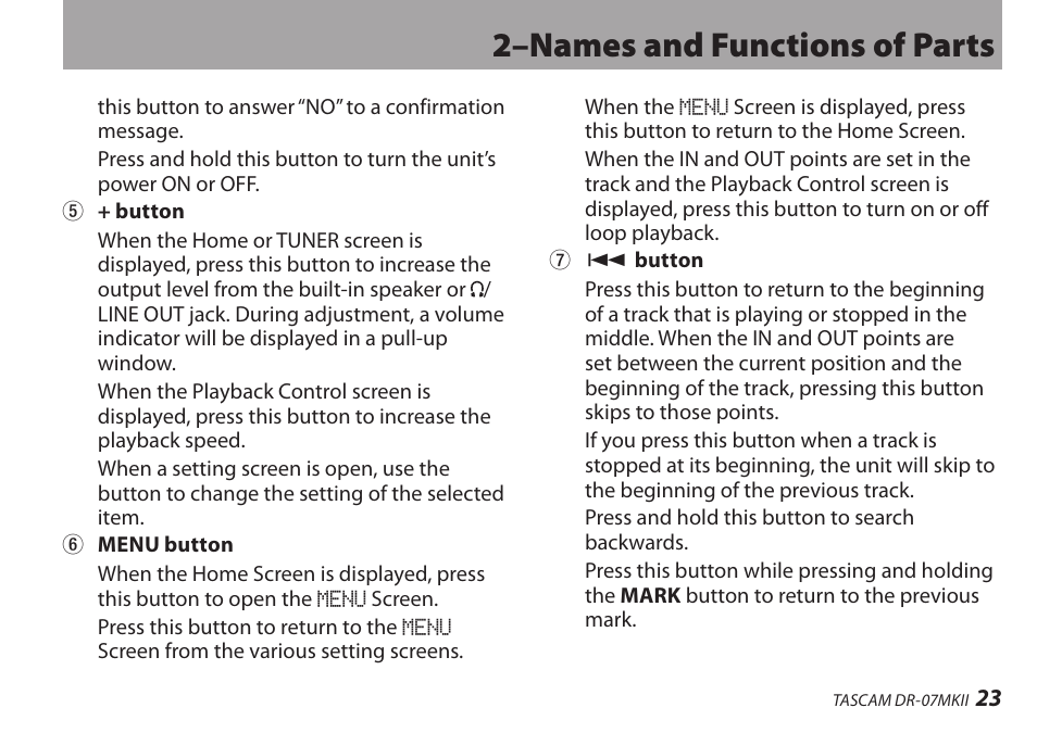 2–names and functions of parts | Teac DR-07MKII User Manual | Page 23 / 124