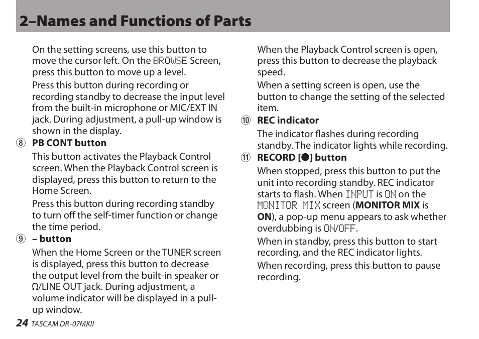 2–names and functions of parts | Teac DR-07MKII User Manual | Page 24 / 124