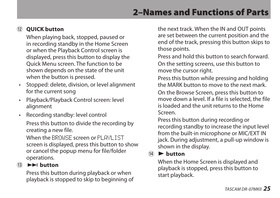 2–names and functions of parts | Teac DR-07MKII User Manual | Page 25 / 124