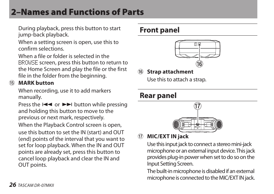 Front panel, Rear panel, 2–names and functions of parts | Teac DR-07MKII User Manual | Page 26 / 124