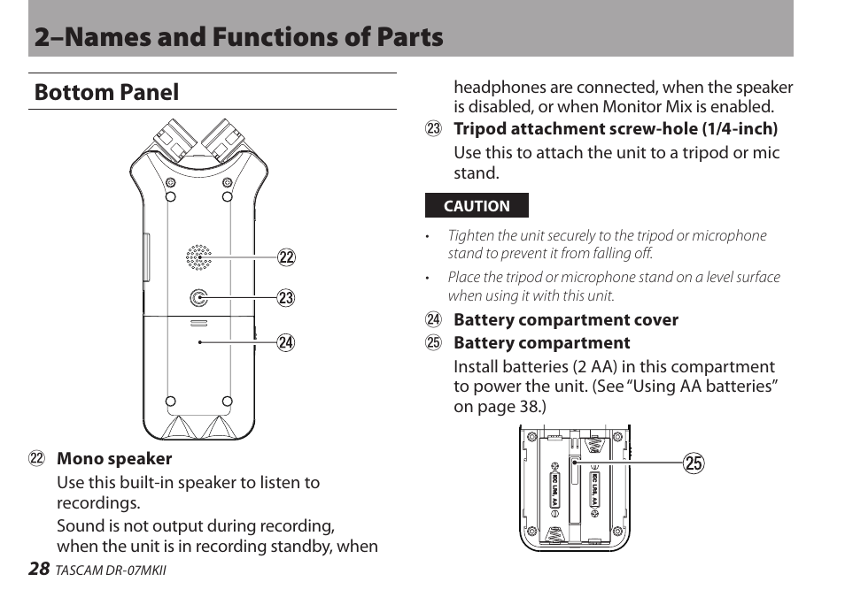 Bottom panel, 2–names and functions of parts | Teac DR-07MKII User Manual | Page 28 / 124