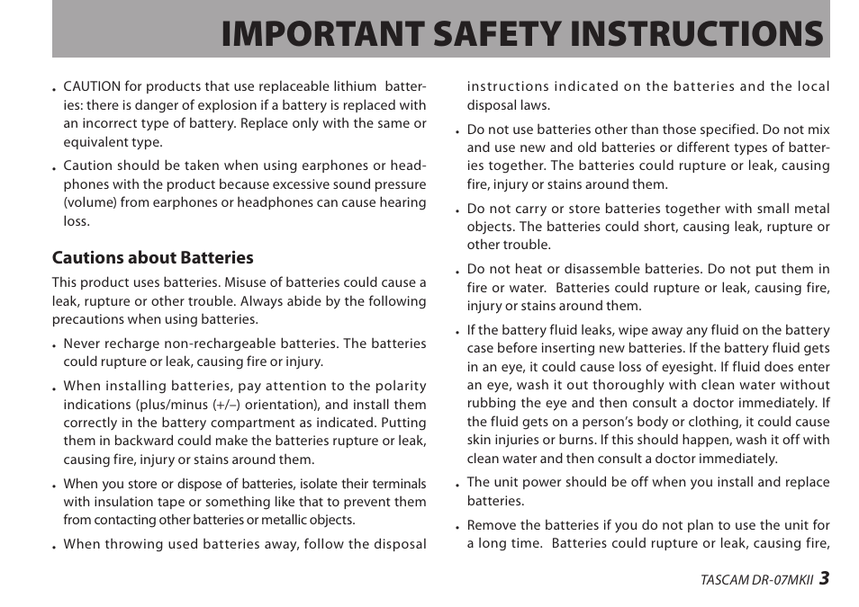 Important safety instructions, Cautions about batteries | Teac DR-07MKII User Manual | Page 3 / 124