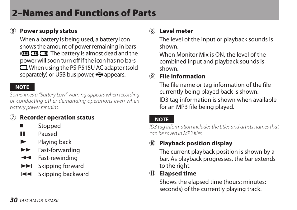 2–names and functions of parts | Teac DR-07MKII User Manual | Page 30 / 124