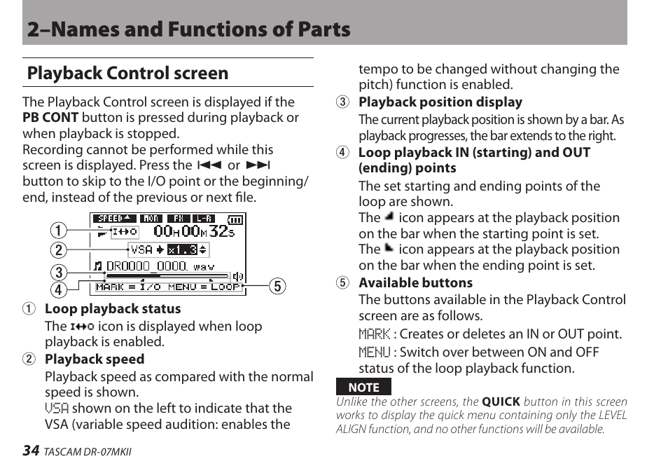 Playback control screen, 2–names and functions of parts | Teac DR-07MKII User Manual | Page 34 / 124