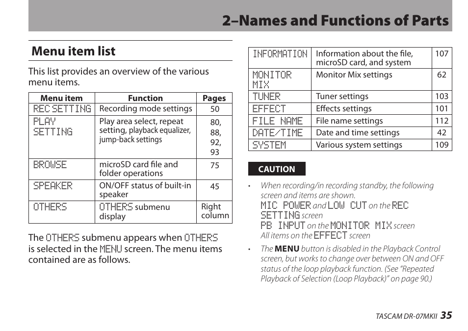 Menu item list, 2–names and functions of parts | Teac DR-07MKII User Manual | Page 35 / 124