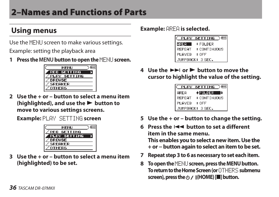 Using menus, 2–names and functions of parts | Teac DR-07MKII User Manual | Page 36 / 124