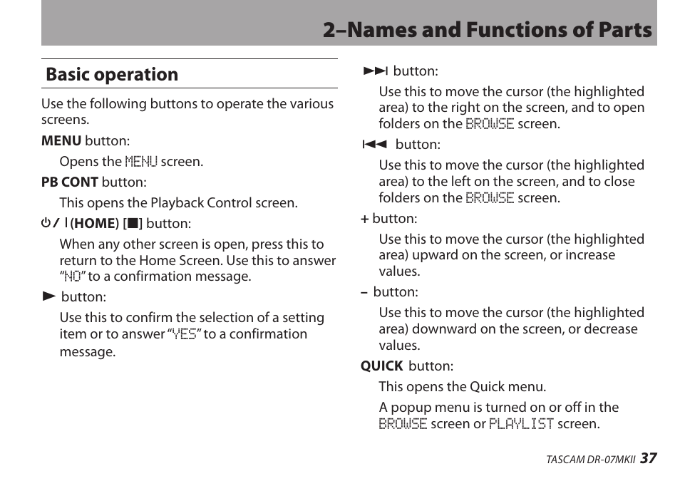 Basic operation, 2–names and functions of parts | Teac DR-07MKII User Manual | Page 37 / 124