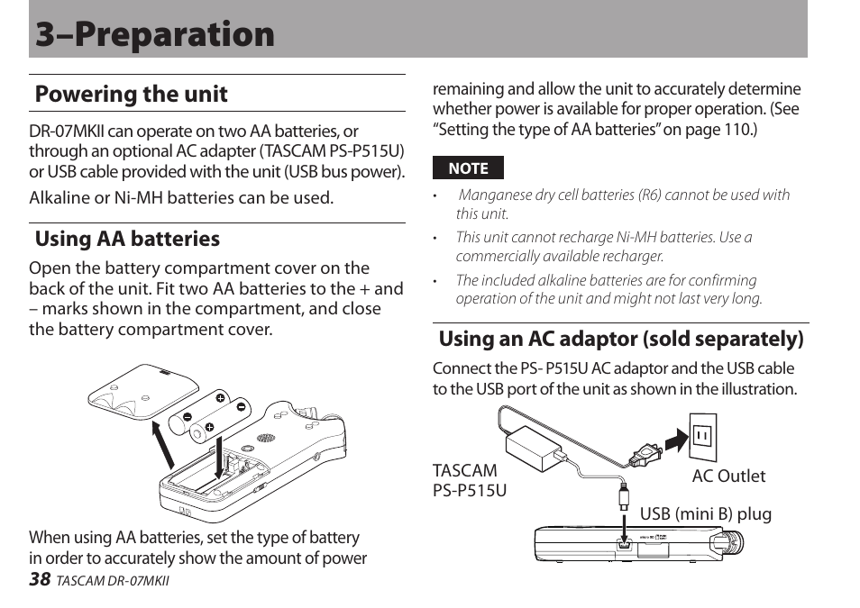 3–preparation, Powering the unit, Using aa batteries | Using an ac adaptor (sold separately) | Teac DR-07MKII User Manual | Page 38 / 124