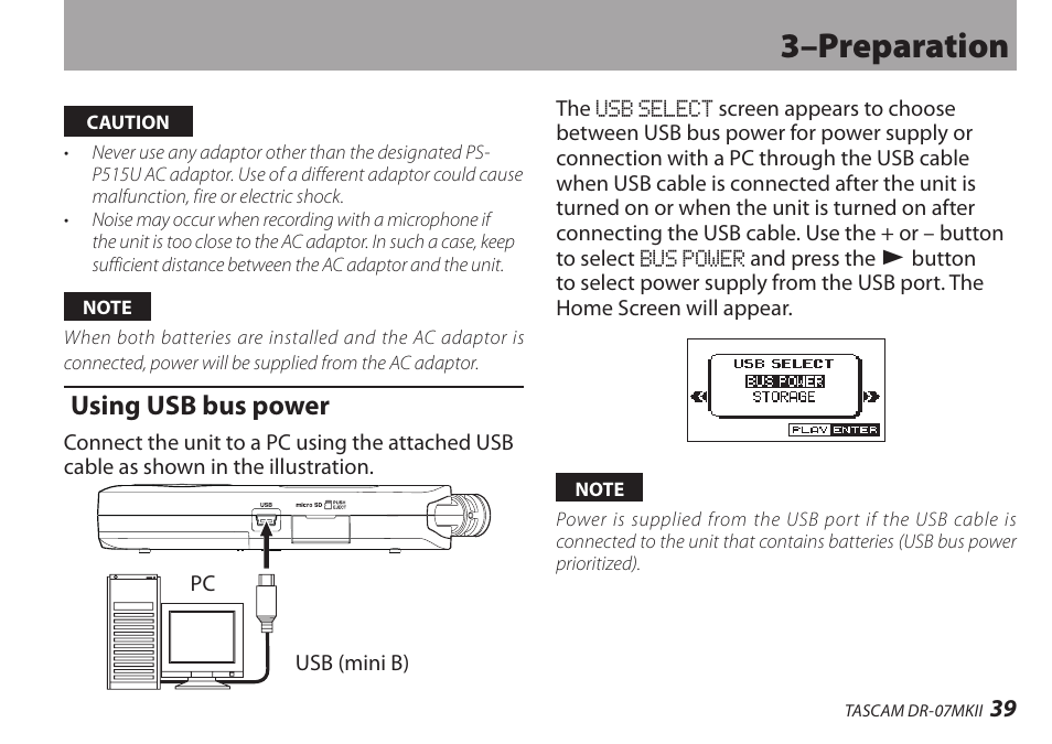 Using usb bus power, 3–preparation | Teac DR-07MKII User Manual | Page 39 / 124