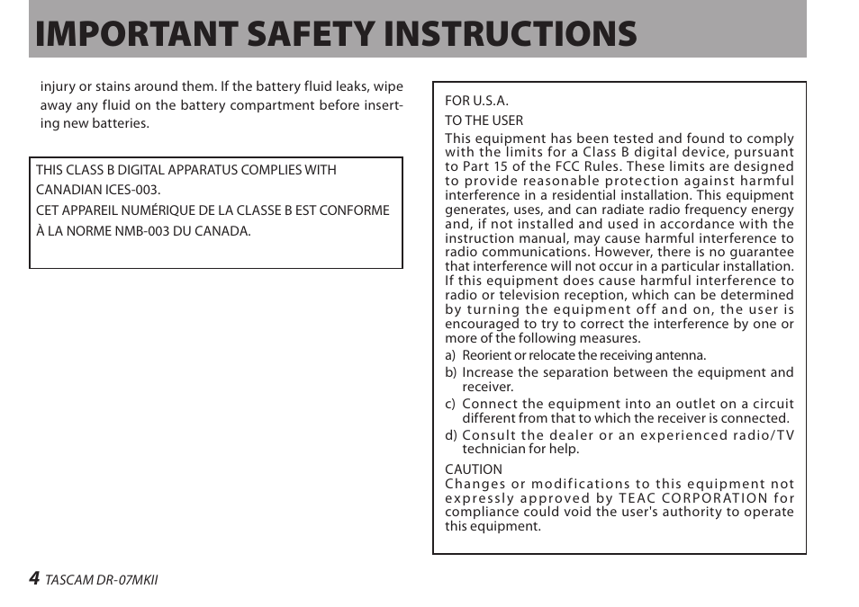 Important safety instructions | Teac DR-07MKII User Manual | Page 4 / 124