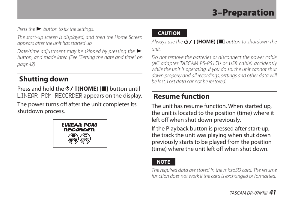 Shutting down, Resume function, 3–preparation | Teac DR-07MKII User Manual | Page 41 / 124