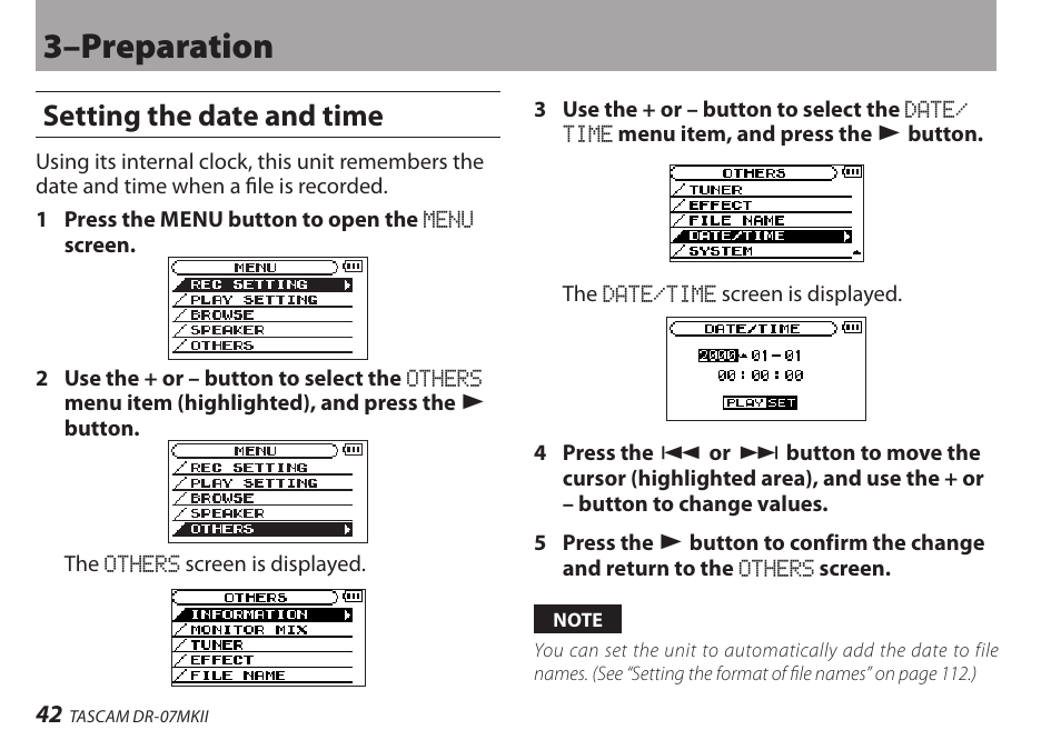 Setting the date and time, 3–preparation | Teac DR-07MKII User Manual | Page 42 / 124