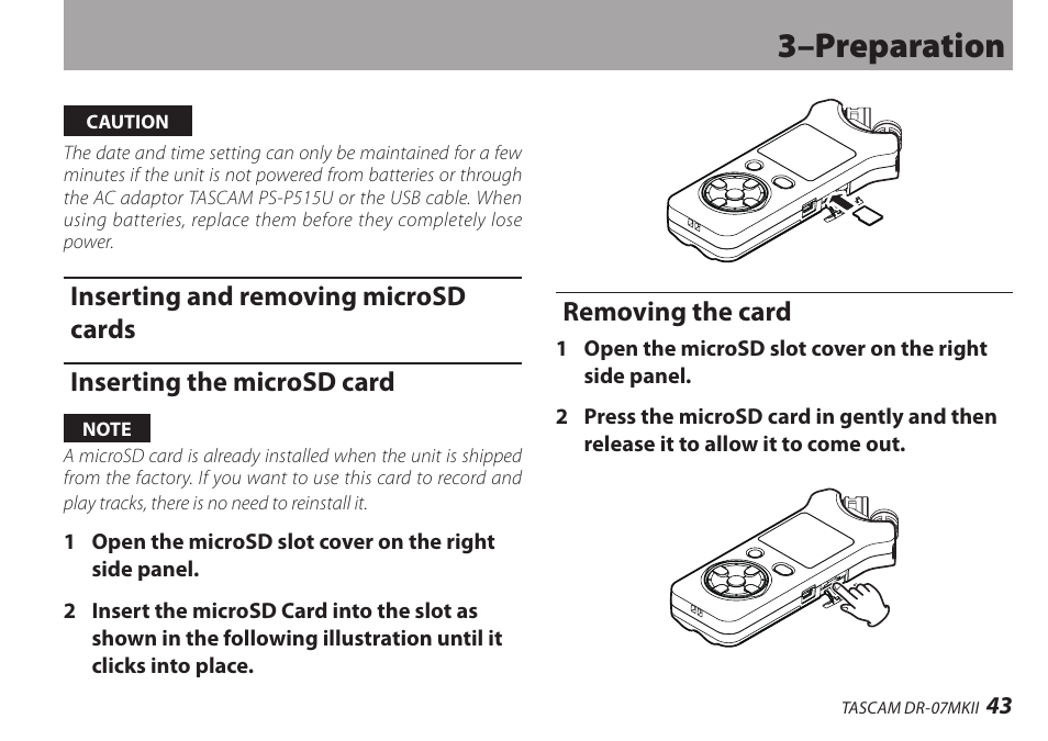 Inserting and removing microsd cards, Inserting the microsd card, Removing the card | 3–preparation | Teac DR-07MKII User Manual | Page 43 / 124