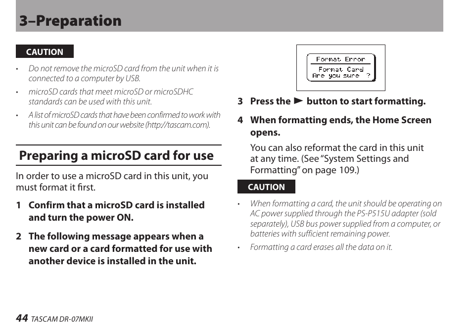 Preparing a microsd card for use, 3–preparation | Teac DR-07MKII User Manual | Page 44 / 124