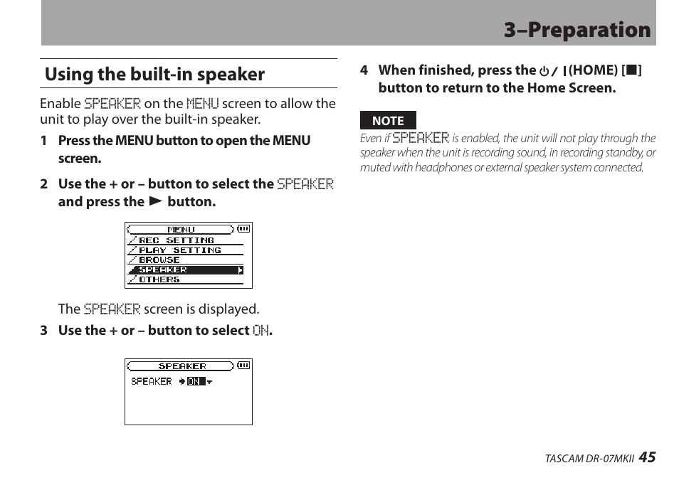 Using the built-in speaker, 3–preparation | Teac DR-07MKII User Manual | Page 45 / 124