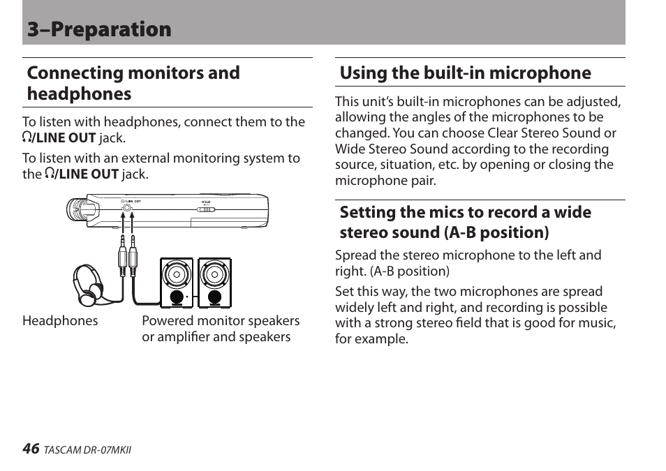 Connecting monitors and headphones, Using the built-in microphone, 3–preparation | Teac DR-07MKII User Manual | Page 46 / 124