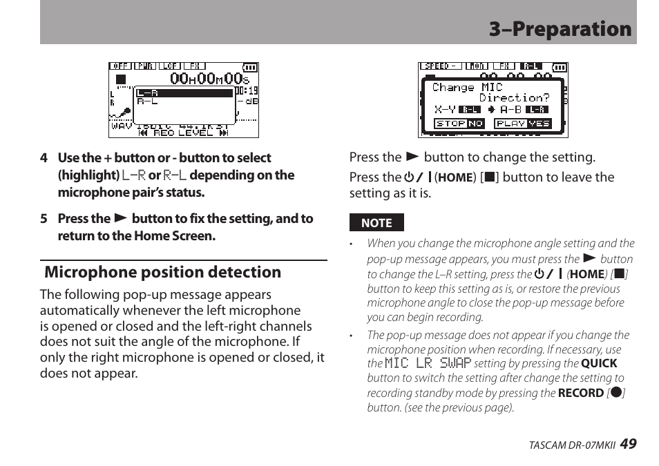 Microphone position detection, 3–preparation | Teac DR-07MKII User Manual | Page 49 / 124