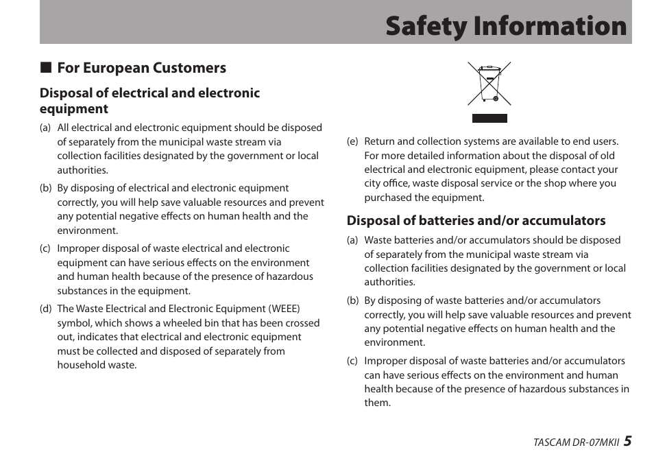 Safety information, 5for european customers ª | Teac DR-07MKII User Manual | Page 5 / 124