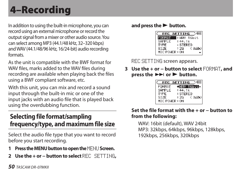 4–recording | Teac DR-07MKII User Manual | Page 50 / 124