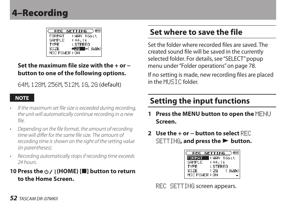 Set where to save the file, Setting the input functions, 4–recording | Teac DR-07MKII User Manual | Page 52 / 124