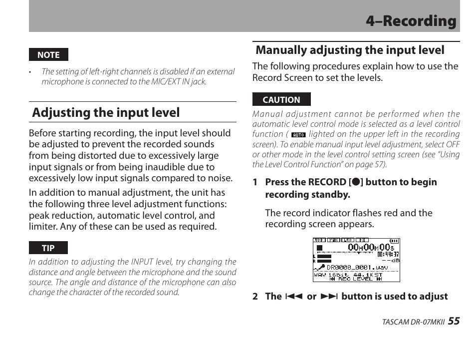 Adjusting the input level, Manually adjusting the input level, 4–recording | Teac DR-07MKII User Manual | Page 55 / 124