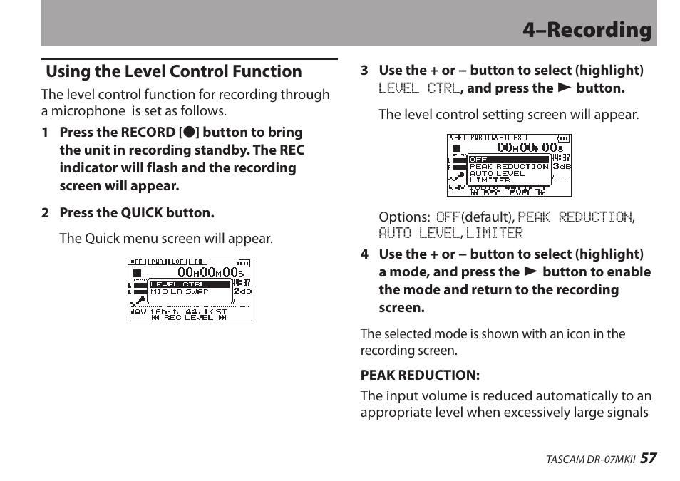 Using the level control function, 4–recording | Teac DR-07MKII User Manual | Page 57 / 124