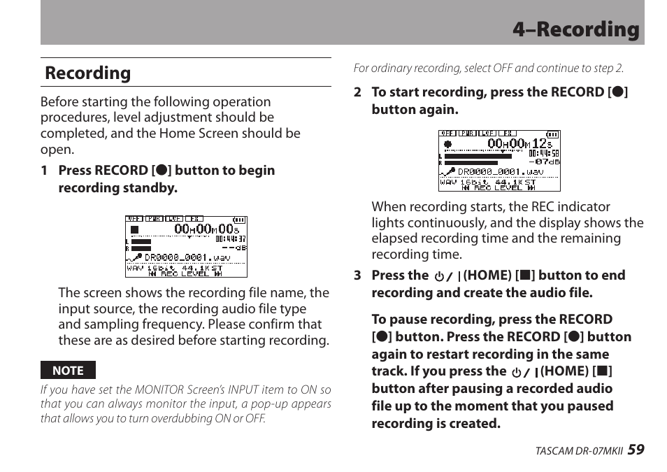 Recording, 4–recording | Teac DR-07MKII User Manual | Page 59 / 124