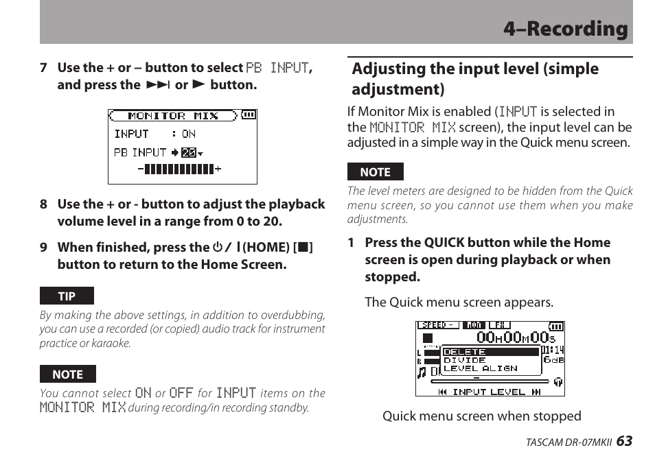 Adjusting the input level (simple adjustment), 4–recording | Teac DR-07MKII User Manual | Page 63 / 124