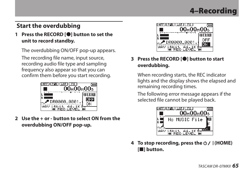 Start the overdubbing, 4–recording | Teac DR-07MKII User Manual | Page 65 / 124