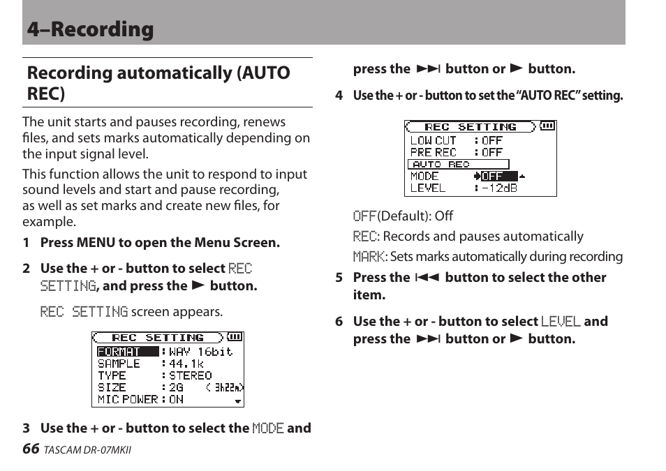 Recording automatically (auto rec), 4–recording | Teac DR-07MKII User Manual | Page 66 / 124