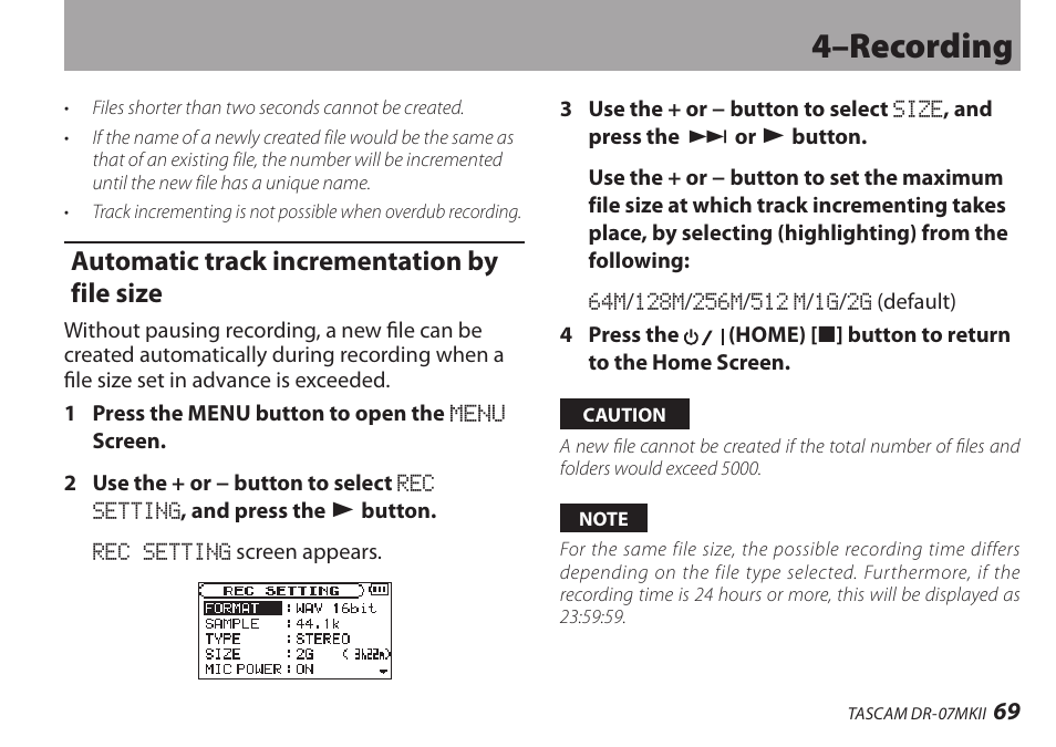 Automatic track incrementation by file size, 4–recording | Teac DR-07MKII User Manual | Page 69 / 124