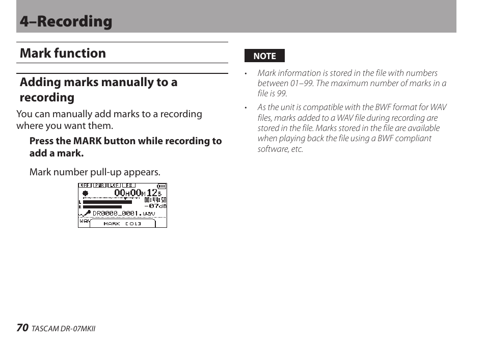 Mark function, Adding marks manually to a recording, 4–recording | Teac DR-07MKII User Manual | Page 70 / 124