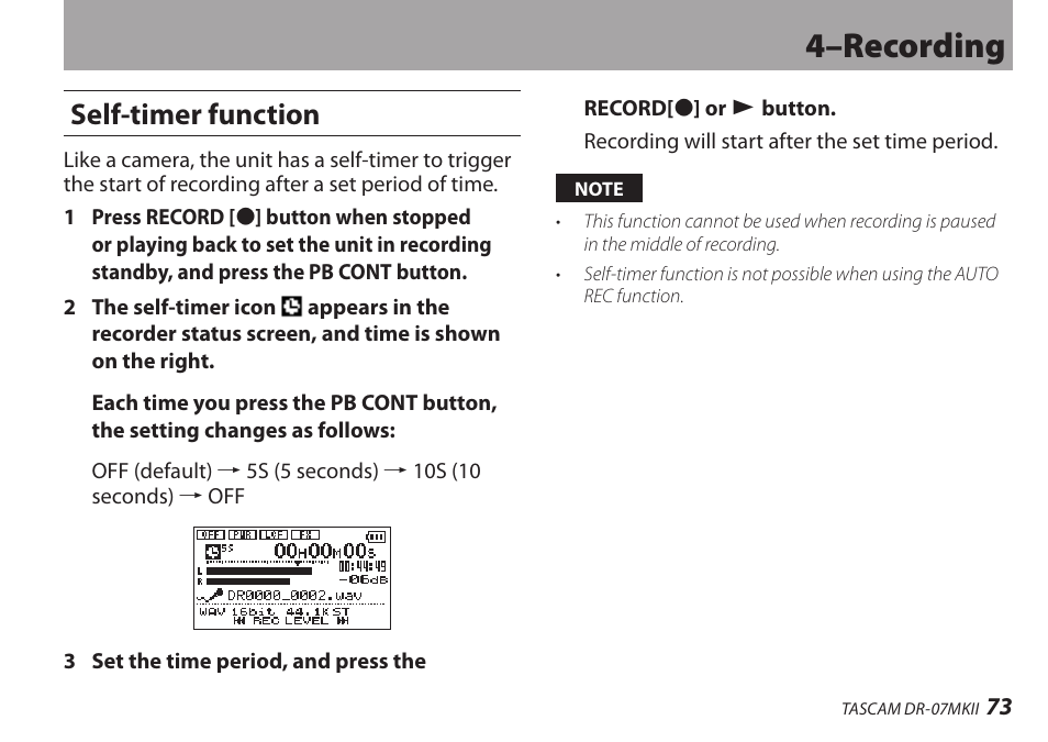 Self-timer function, 4–recording | Teac DR-07MKII User Manual | Page 73 / 124