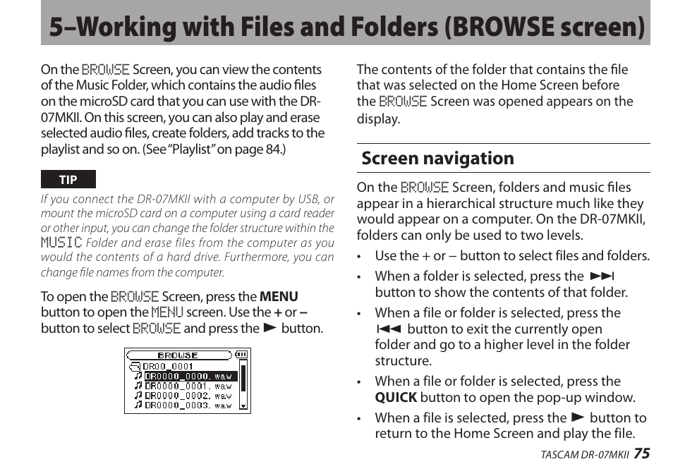 5–working with files and folders (browse screen), Screen navigation | Teac DR-07MKII User Manual | Page 75 / 124