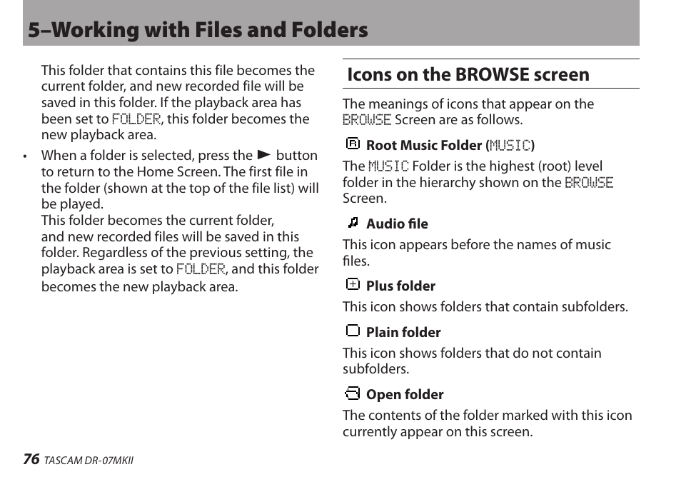 Icons on the browse screen, 5–working with files and folders | Teac DR-07MKII User Manual | Page 76 / 124