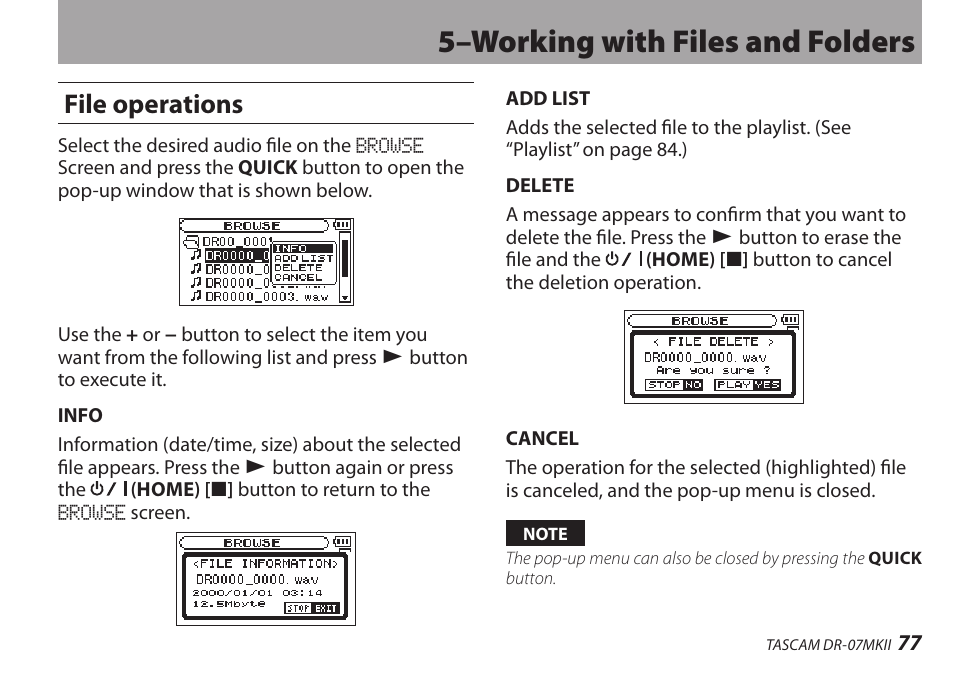 File operations, 5–working with files and folders | Teac DR-07MKII User Manual | Page 77 / 124