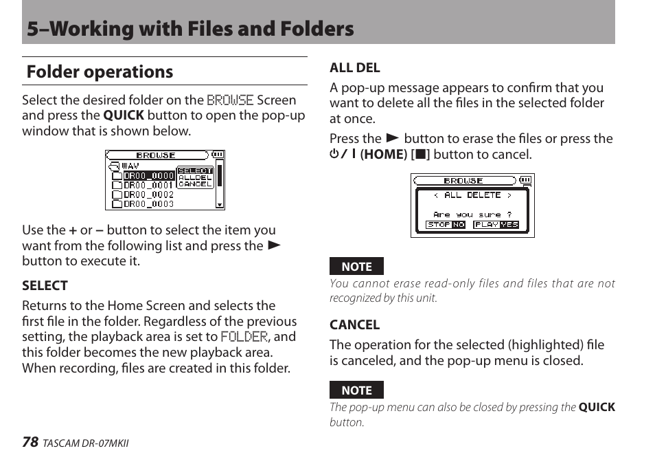 Folder operations, 5–working with files and folders | Teac DR-07MKII User Manual | Page 78 / 124