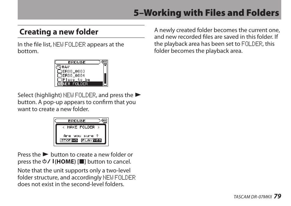 Creating a new folder, 5–working with files and folders | Teac DR-07MKII User Manual | Page 79 / 124