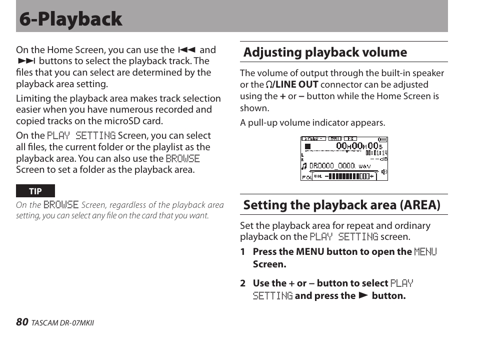 Playback, Adjusting playback volume, Setting the playback area (area) | Teac DR-07MKII User Manual | Page 80 / 124