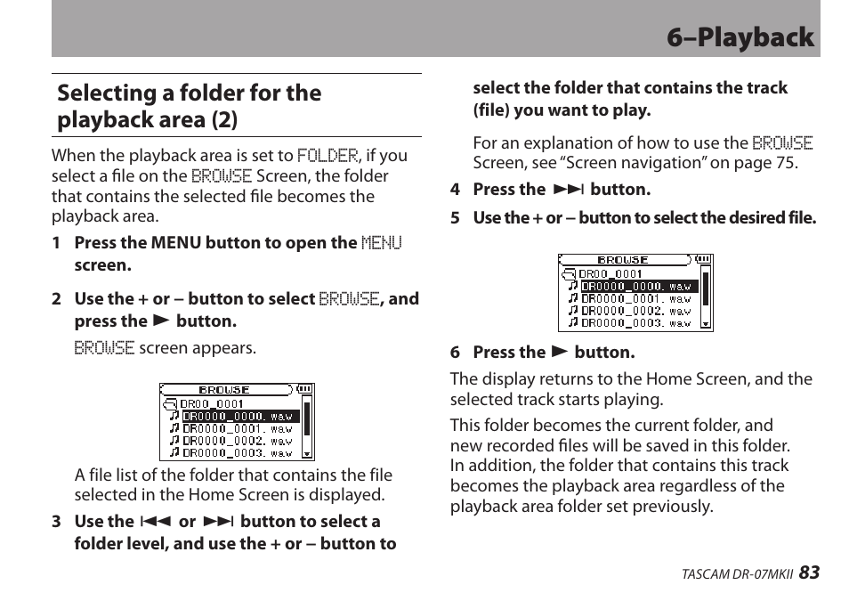 Selecting a folder for the playback area (2), 6–playback | Teac DR-07MKII User Manual | Page 83 / 124