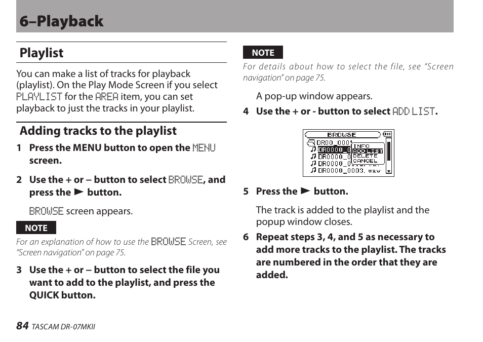 Playlist, Adding tracks to the playlist, 6–playback | Teac DR-07MKII User Manual | Page 84 / 124