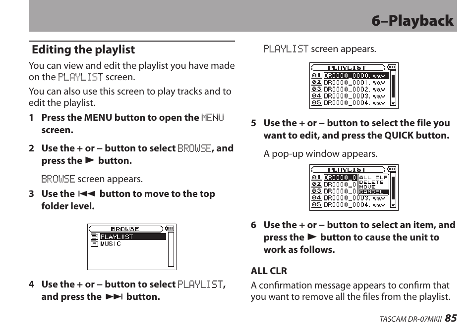 Editing the playlist, 6–playback | Teac DR-07MKII User Manual | Page 85 / 124