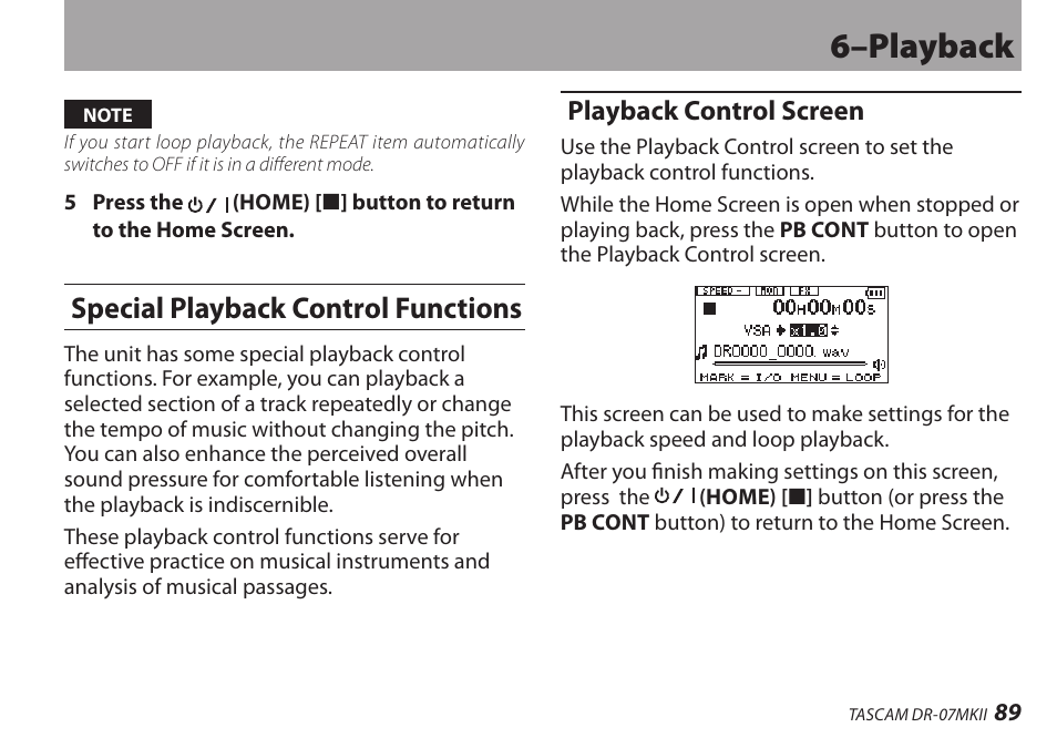 Special playback control functions, Playback control screen, 6–playback | Teac DR-07MKII User Manual | Page 89 / 124